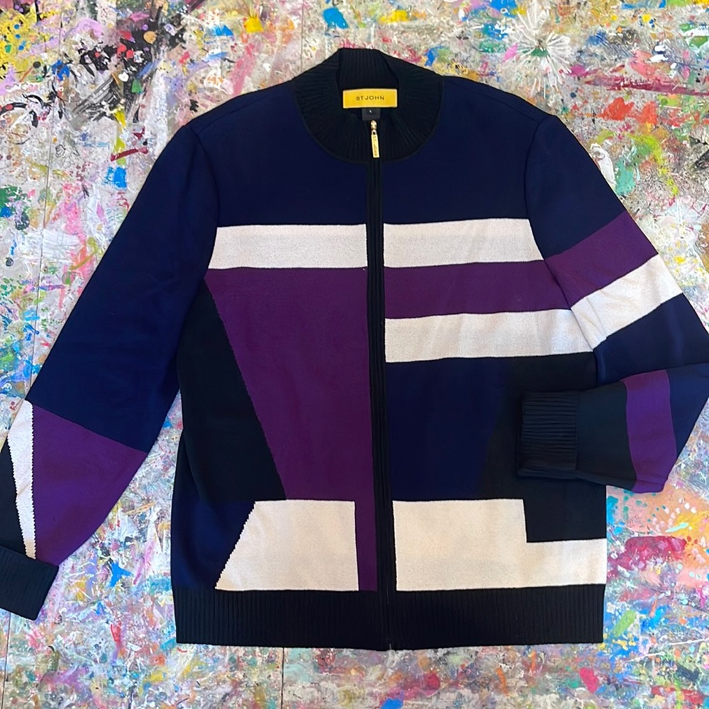 ST. JOHN knit zip front color block Cardigan L